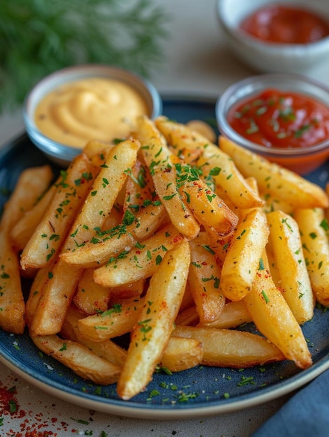 une assiette bleue surmontée de frites et de sauce à tremper