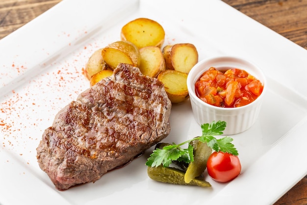 Une assiette de boeuf grillé et pommes de terre sur une vue de dessus de table en bois