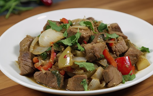 Une assiette de boeuf et légumes avec une sauce rouge.