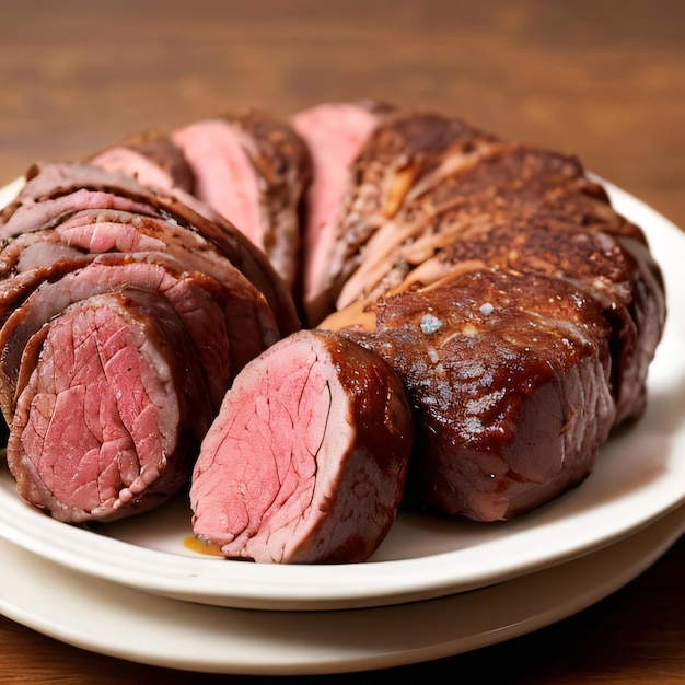 Une assiette de boeuf tranché avec une coupe en deux.