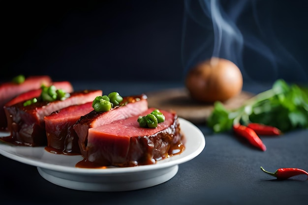 Une assiette de boeuf en tranches avec des pois verts et du poivron rouge sur le côté.