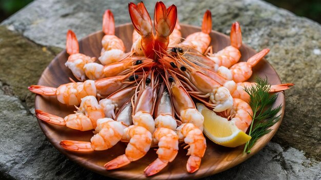 Une assiette en bois de délicieuses crevettes sur une surface en pierre