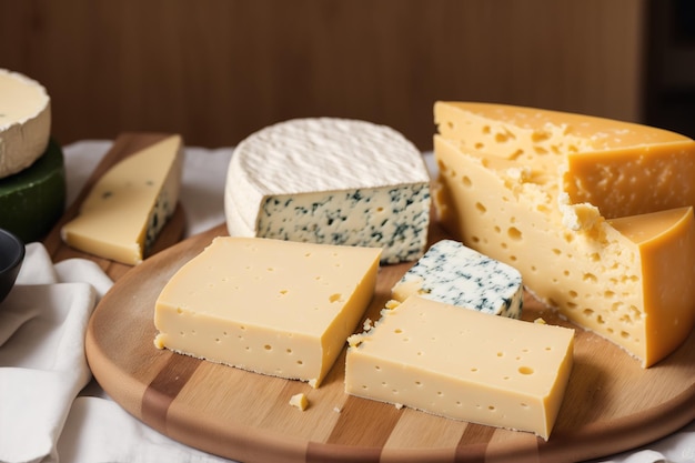 Une assiette en bois avec différents types de fromage.