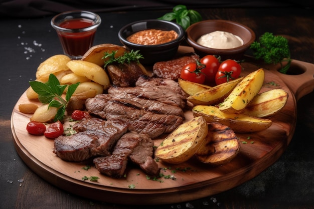 Une assiette en bois garnie de steak de pommes de terre et de tomates IA générative