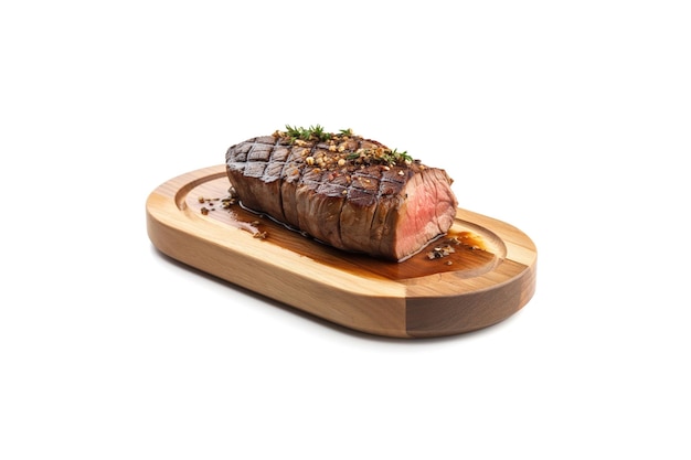 Une assiette en bois de steak de boeuf grillé avec sauce isolé sur fond blanc