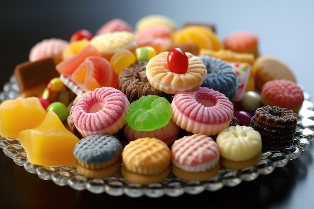 Photo une assiette de bonbons avec une cerise sur le dessus