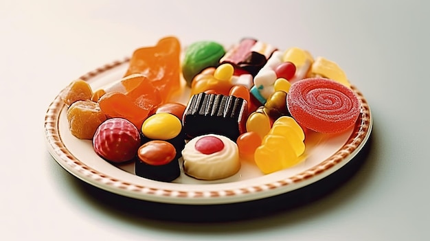 une assiette de bonbons sur une surface blanche