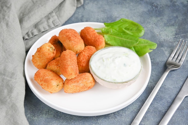 Une assiette de bouchées de tofu frit avec un bol de vinaigrette ranch.