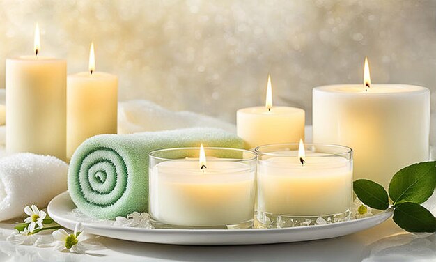 une assiette avec des bougies et une serviette verte avec une serviette vert dessus