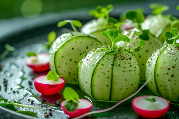 Photo une assiette de boules de concombres avec une garniture de radis et d'herbes