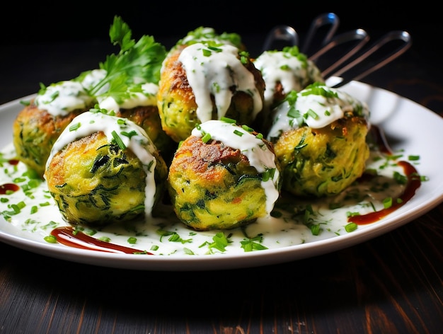 Une assiette de boulettes de courgettes à la sauce blanche générée par ai