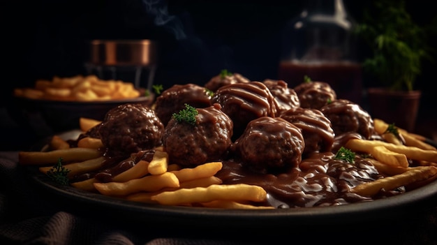 Une assiette de boulettes de viande avec frites et sauce