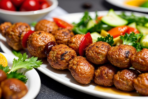 Photo une assiette de boulettes de viande et de légumes sur une table avec d'autres assiettes de nourriture en arrière-plan et un arc