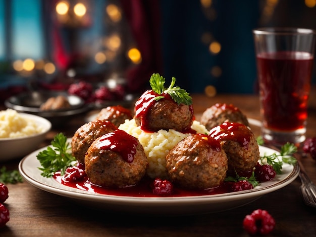 une assiette de boulettes de viande avec un verre de vin rouge sur la table.