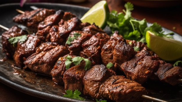 Une assiette de brochettes de boeuf grillé avec des quartiers de citron vert et des quartiers de citron vert