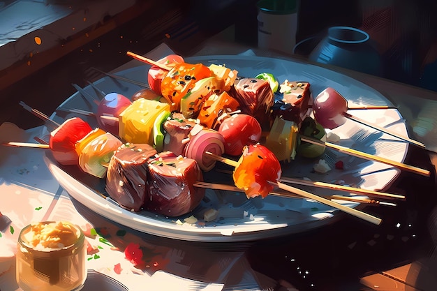 Une assiette de brochettes parfaitement grillées illustration d'art numérique IA générative