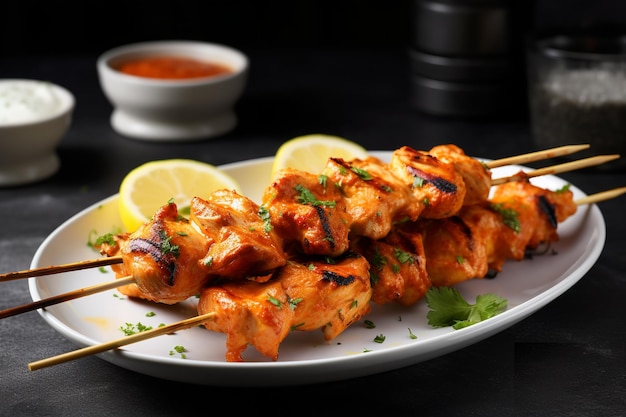 Une assiette de brochettes de poulet avec des quartiers de citron sur le côté