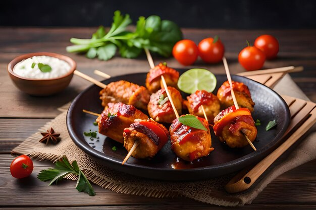 Une assiette de brochettes de poulet avec des tomates et du persil sur le côté