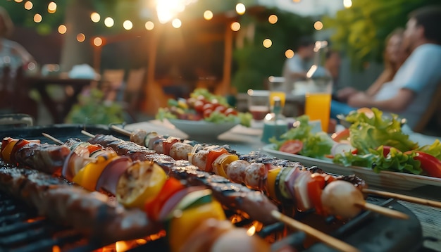 Une assiette de brochettes de viande et de légumes est sur un gril