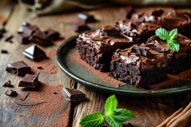 Photo une assiette de brownies avec du glaçage au chocolat et des feuilles de menthe