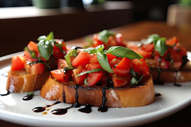 Assiette de bruschetta garnie de tomates mûres basilic et filet de vinaigre balsamique