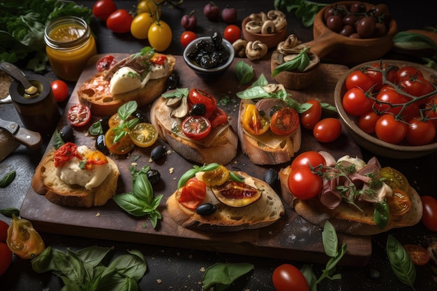 Assiette de bruschetta garnie d'une variété de garnitures