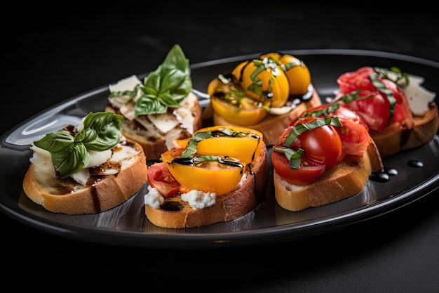 Assiette de bruschetta avec une variété de garnitures, y compris tomates basilic et fromage