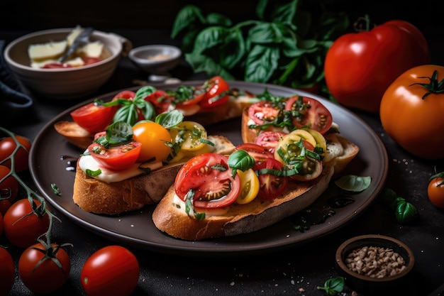 Assiette de bruschetta avec une variété de garnitures, y compris tomates basilic et fromage