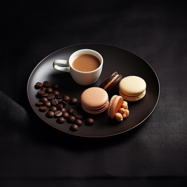 Une assiette de café et de macarons avec des grains de café et des chocolats.