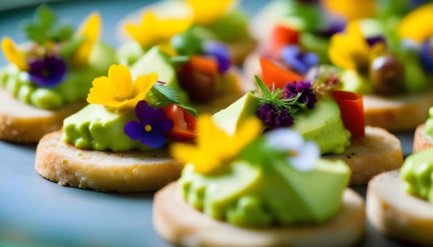 Une assiette de canapes avec de la pâte d'avocat et des fleurs comestibles sur un fond flou