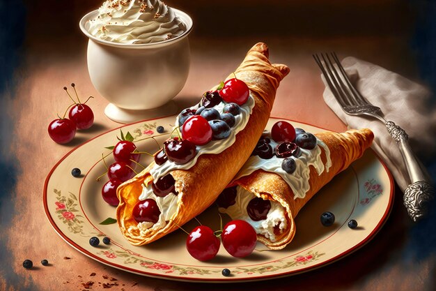 Photo assiette de cannoli décorée de crème fouettée et de myrtilles et cerises fraîches