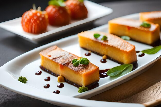 une assiette carrée de nourriture avec une tranche de gâteau au fromage dessus.