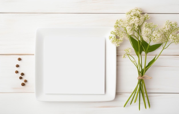 assiette avec carte vierge et décor d'herbes sur table en bois blanc