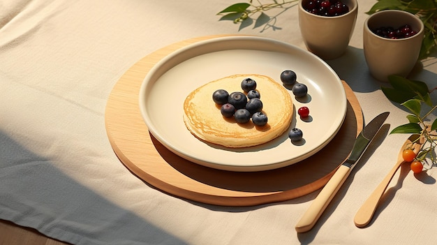 assiette en céramique blanche avec couteau à crêpes aux myrtilles et aux framboises noires au soleil