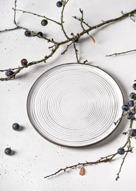 Assiette en céramique faite à la main avec des branches de prunellier sur blanc