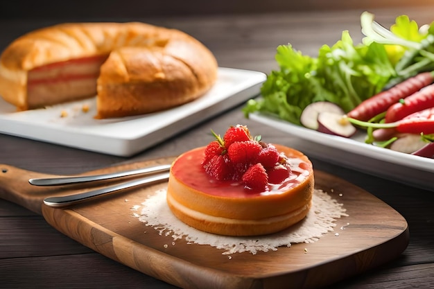 Une assiette de cheesecake aux framboises avec un bol de pain en arrière-plan.