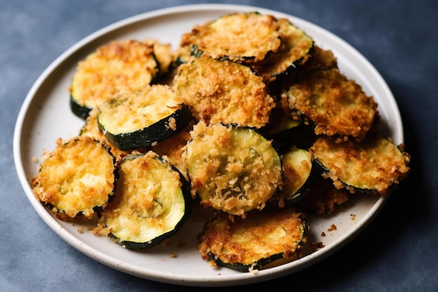 Une assiette de chips de courgettes avec une bouchée.