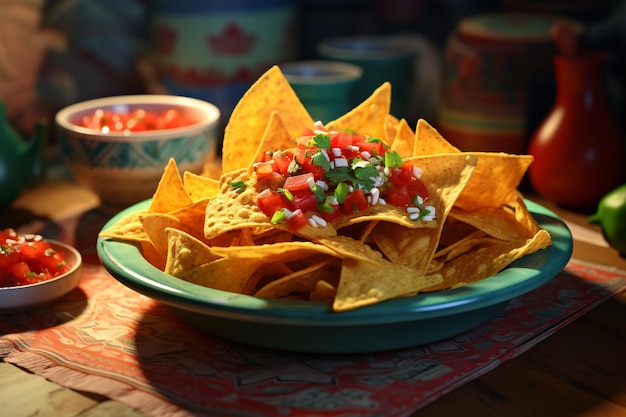 Une assiette de chips nacho avec un bol de salsa et un bol de salsa.