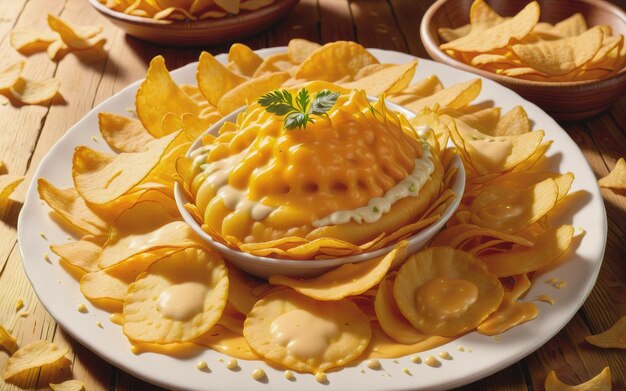 une assiette de chips de pommes de terre dorées ornées