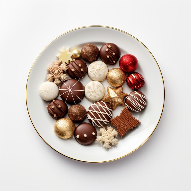 Photo assiette de chocolat de noël en forme de bonhomme de neige multiple ai génératif