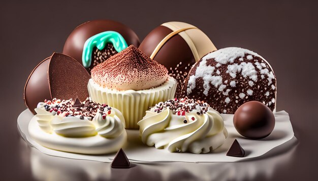 Une assiette de chocolats et cupcakes aux saveurs différentes