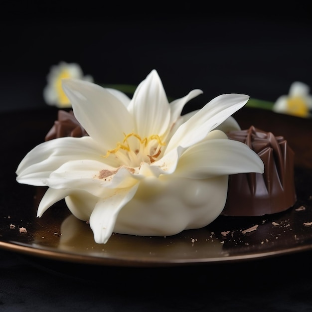 Une assiette de chocolats avec une fleur blanche dessus