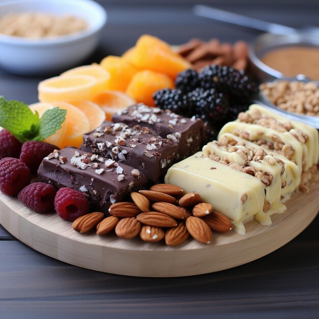 Une assiette de chocolats, de framboises et d'amandes est sur une table.