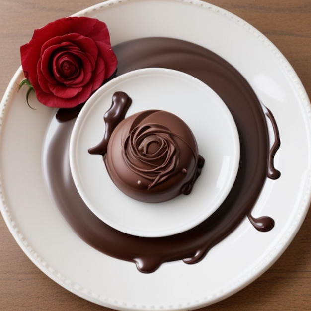 une assiette de chocolats et une rose sur une table