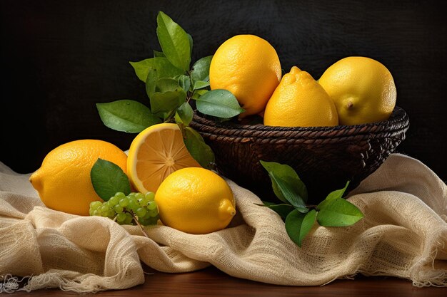 Une assiette de citrons et de salades de fruits sur du burlap