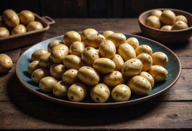 Une assiette contenant des pommes de terre crues placée sur une table en bois prête à la préparation