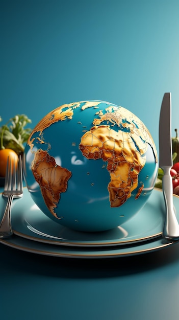 Une assiette contient un globe avec une fourchette sur un fond bleu Fond d'écran mobile vertical