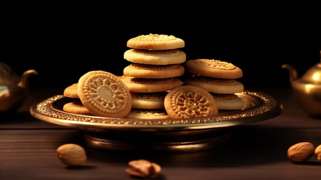 Une assiette de cookies avec un fond noir