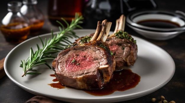 Une assiette de côtelettes d'agneau avec un brin d'herbes vertes sur le côté.