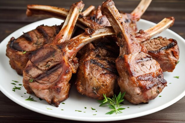 Une assiette de côtelettes d'agneau avec un brin de romarin sur le côté.